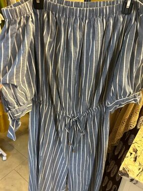 Blush Blue and White Striped Off-Shoulder Jumpsuit